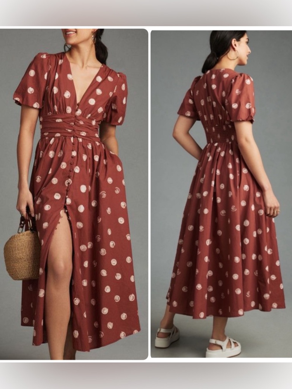 Anthropologie The Katerina Cotton/Rayon Polka Dot Button-Front Midi Dress $259